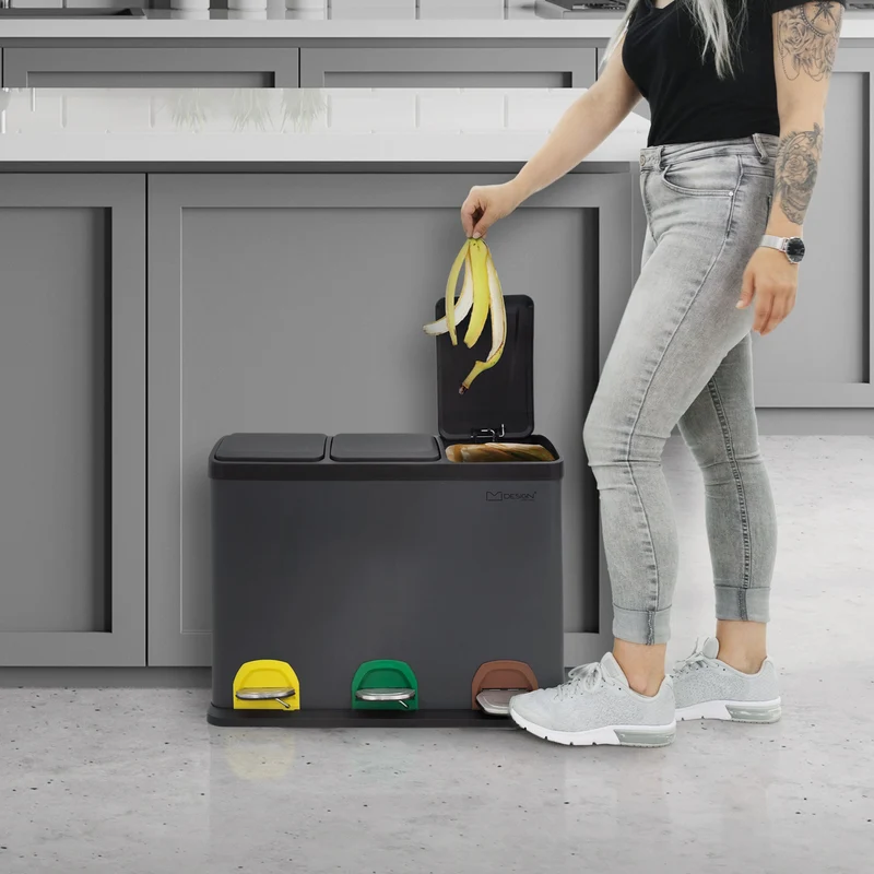 Mülleimer mit Trennsystem 3x 15L Schwarz aus Stahl ML-Design