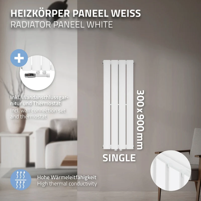 Paneelheizkörper Einlagig 900x300 mm Weiß mit Wand Anschlussgarnitur ML-Design