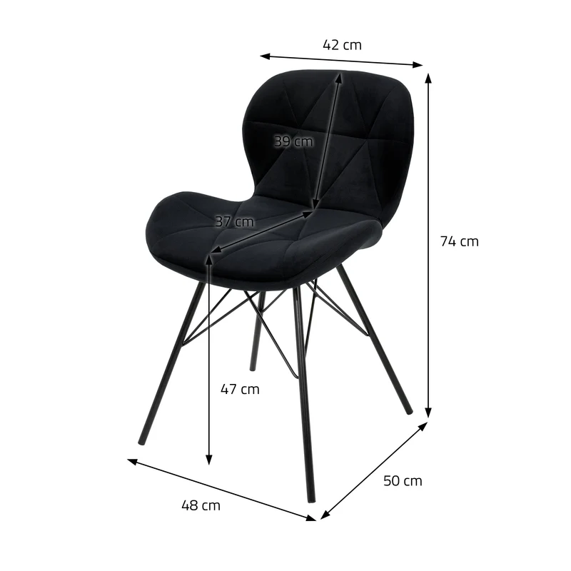Esszimmerstuhl 2er Set Dreieck Steppung Schwarz Samtbezug mit Metallbeinen inkl. Montagematerial ML-Design
