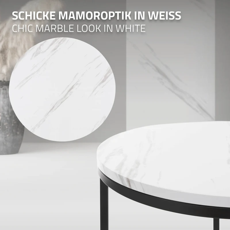 Beistelltisch 2er Set, 30cm & 40cm Ø Schwarz/Weiß aus Metall und Holz in Marmoroptik ML-Design