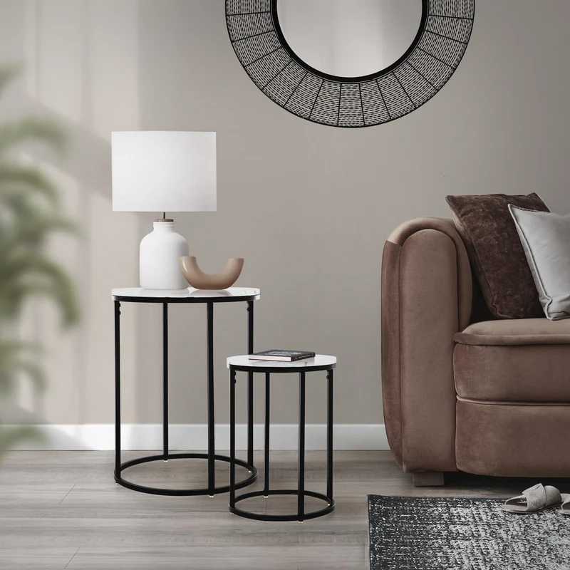 Beistelltisch 2er Set, 30cm & 40cm Ø Schwarz/Weiß aus Metall und Holz in Marmoroptik ML-Design