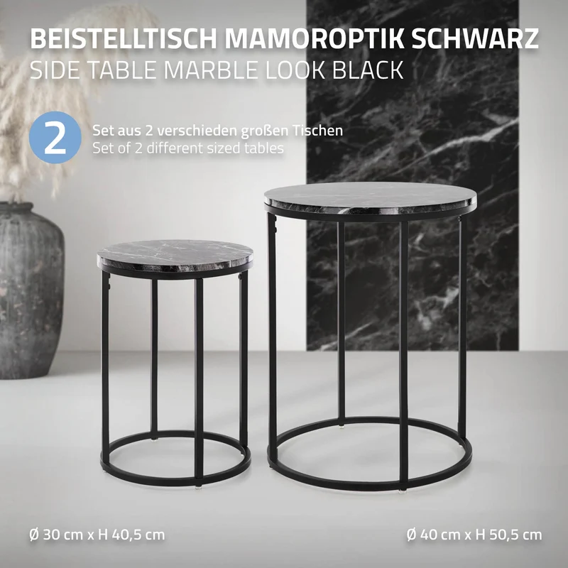 Beistelltisch 2er Set, 30cm & 40cm Ø Schwarz aus Metall und Holz in Marmoroptik ML-Design