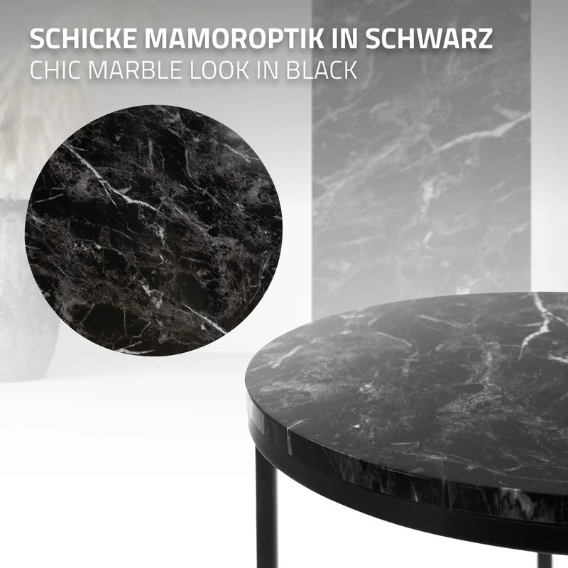 Beistelltisch 2er Set, 30cm & 40cm Ø Schwarz aus Metall und Holz in Marmoroptik ML-Design