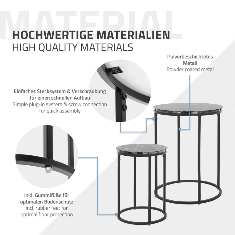 Beistelltisch 2er Set, 30cm & 40cm Ø Schwarz aus Metall und Holz in Marmoroptik ML-Design