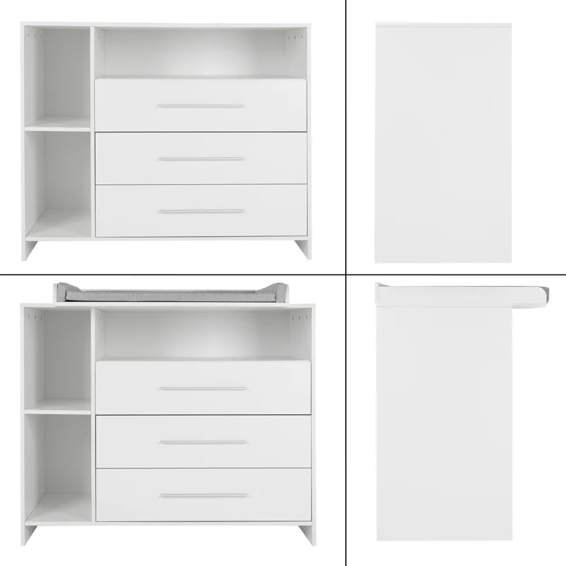 Wickelkommode mit drei Schubladen und Fächern 113x53x93 cm Weiß aus Holz ML-Design