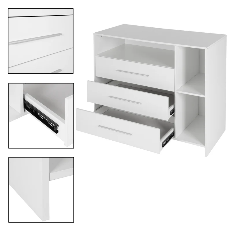 Wickelkommode mit drei Schubladen und Fächern 113x53x93 cm Weiß aus Holz ML-Design