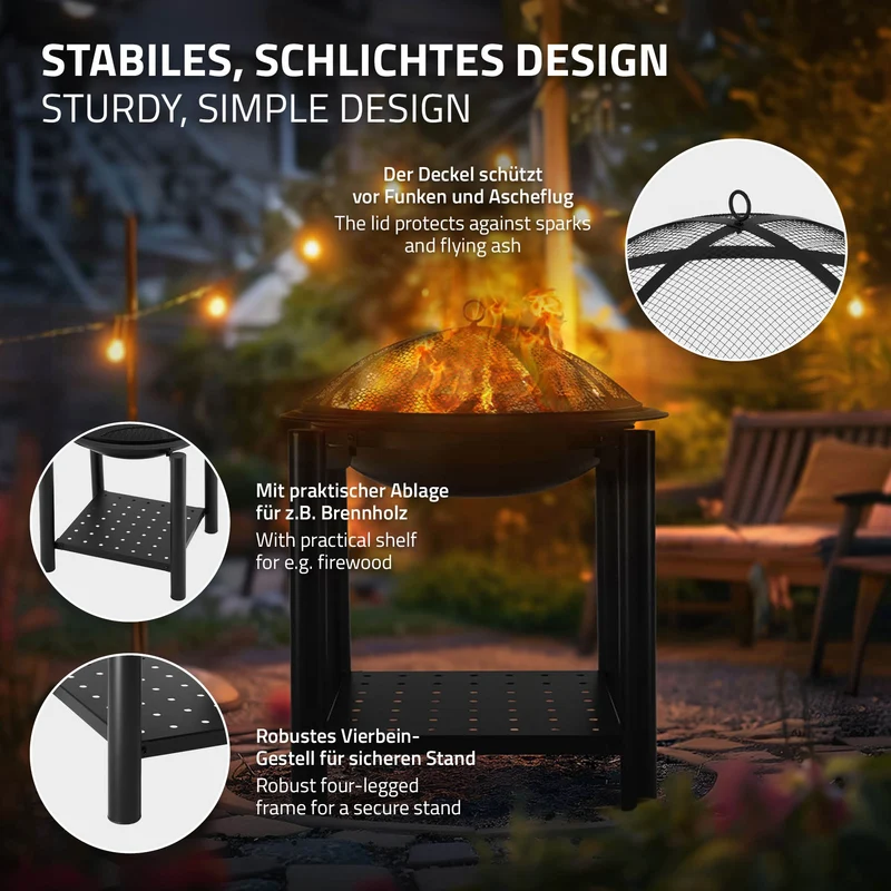 Feuerschale mit Funkenschutz und Kohlerost 55 cm Schwarz aus Stahl ML-Design