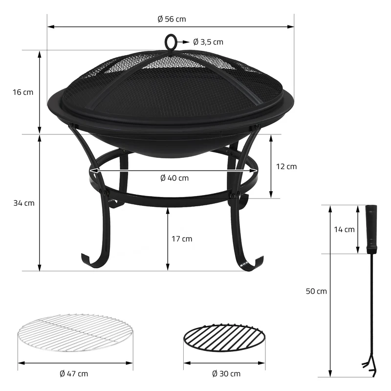 Feuerschale mit Funkenschutz & Grillrost rund Ø 56 cm aus Stahl