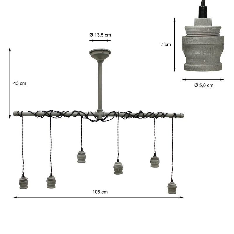 Hängelampe 6 flammige E27 beton optik aus Metall mit sechs LED-Lampe 4W