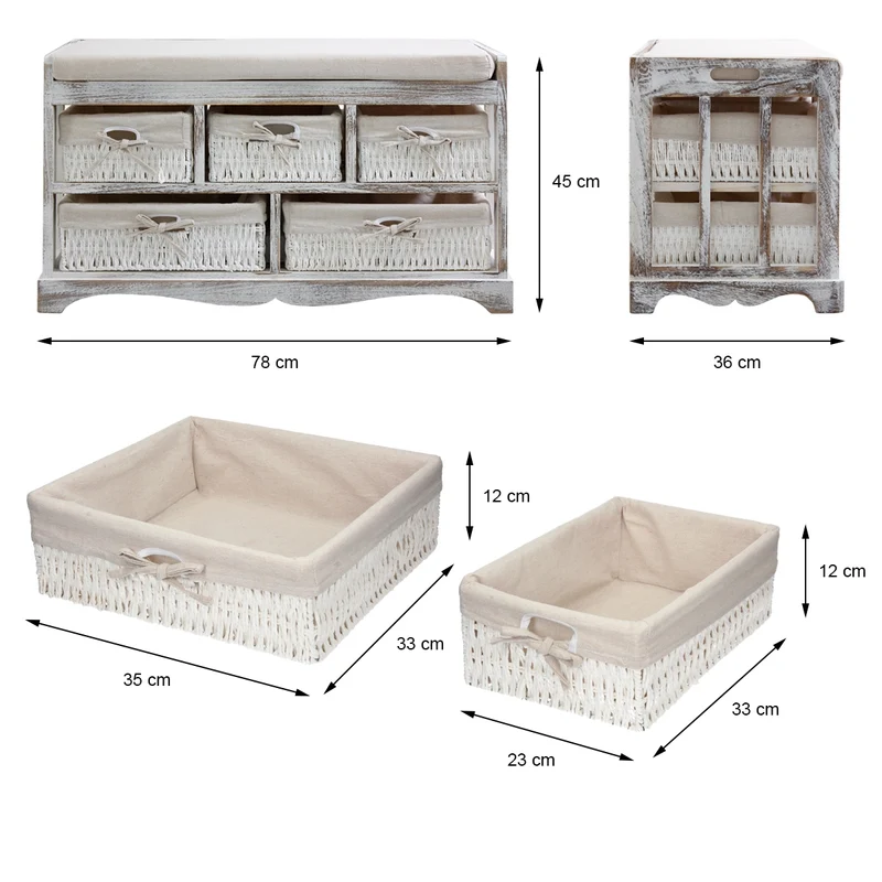 Sitzkommmode mit 5 Körben 78x36x45 cm Weiss aus Paulownia Holz