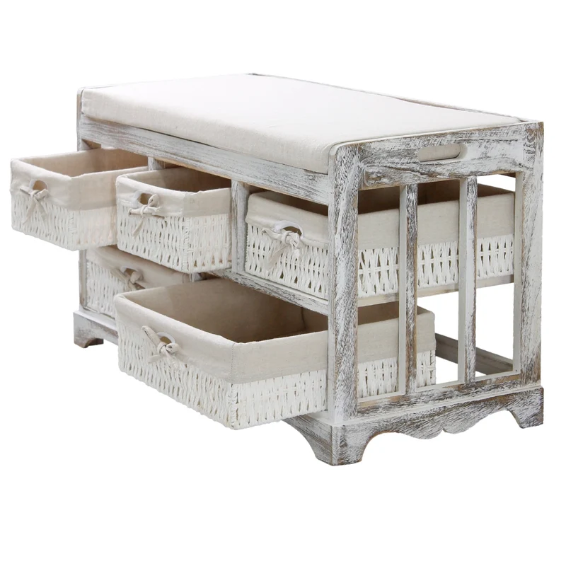 Sitzkommmode mit 5 Körben 78x36x45 cm Weiss aus Paulownia Holz
