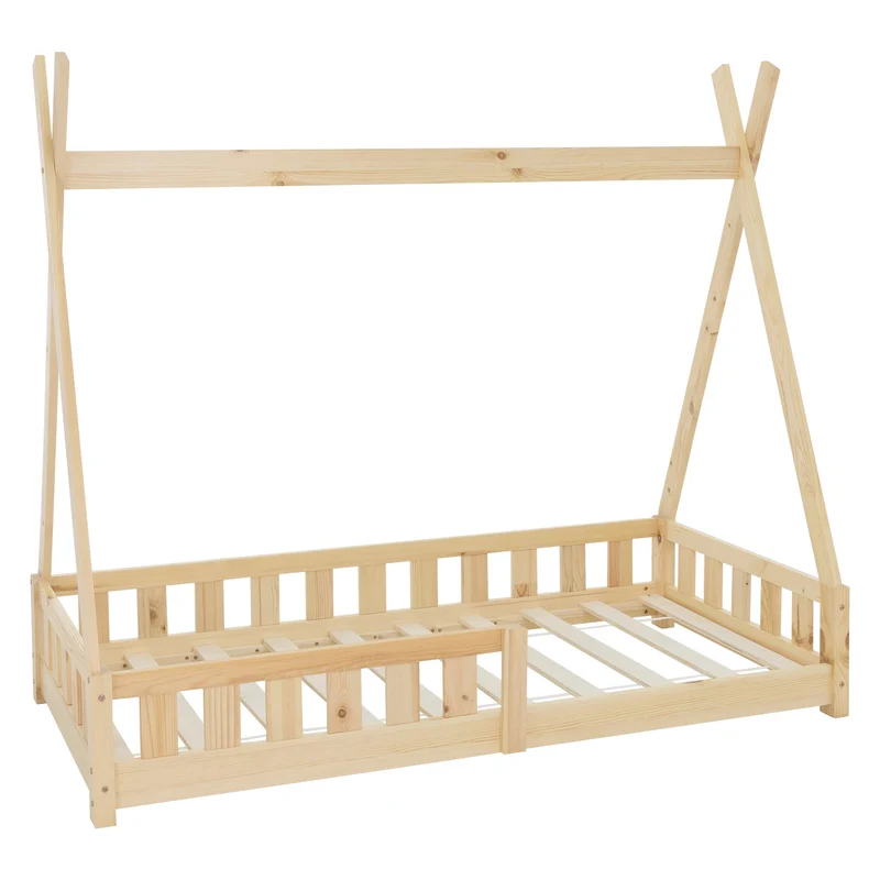 Kinderbett Tipi aus Kiefernholz mit Lattenrost, Rausfallschutz & Wahlweise Matratze ML-Design