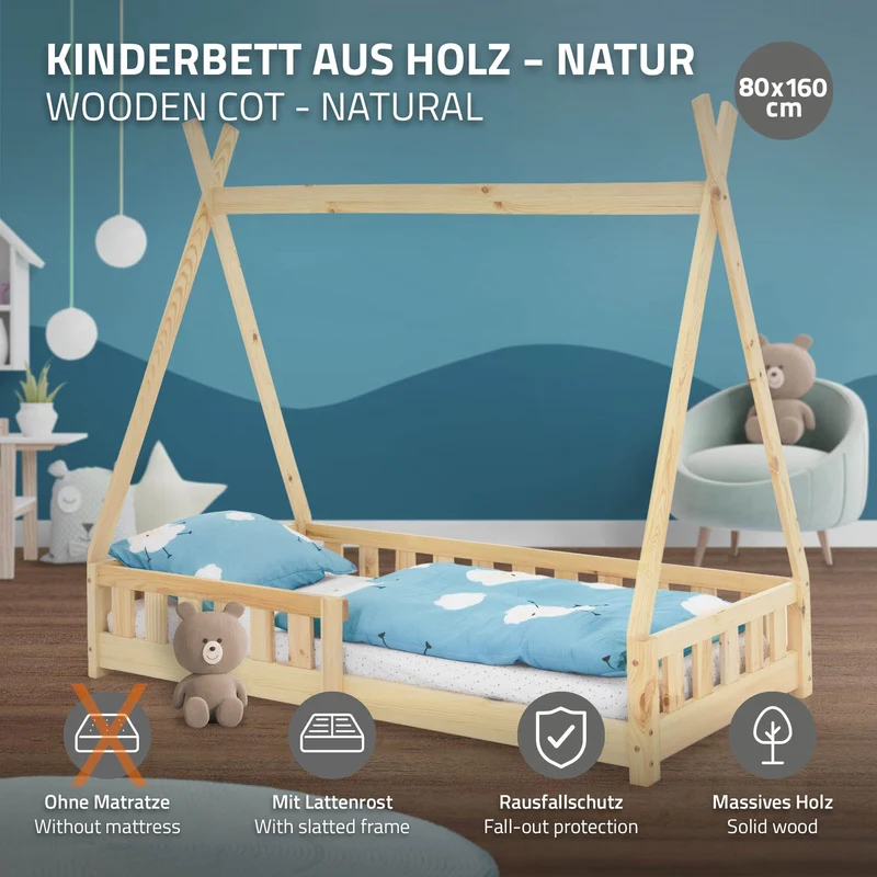 Kinderbett Tipi 80x160 cm aus Kiefernholz mit Rausfallschutz und Lattenrost Holzbett ML-Design