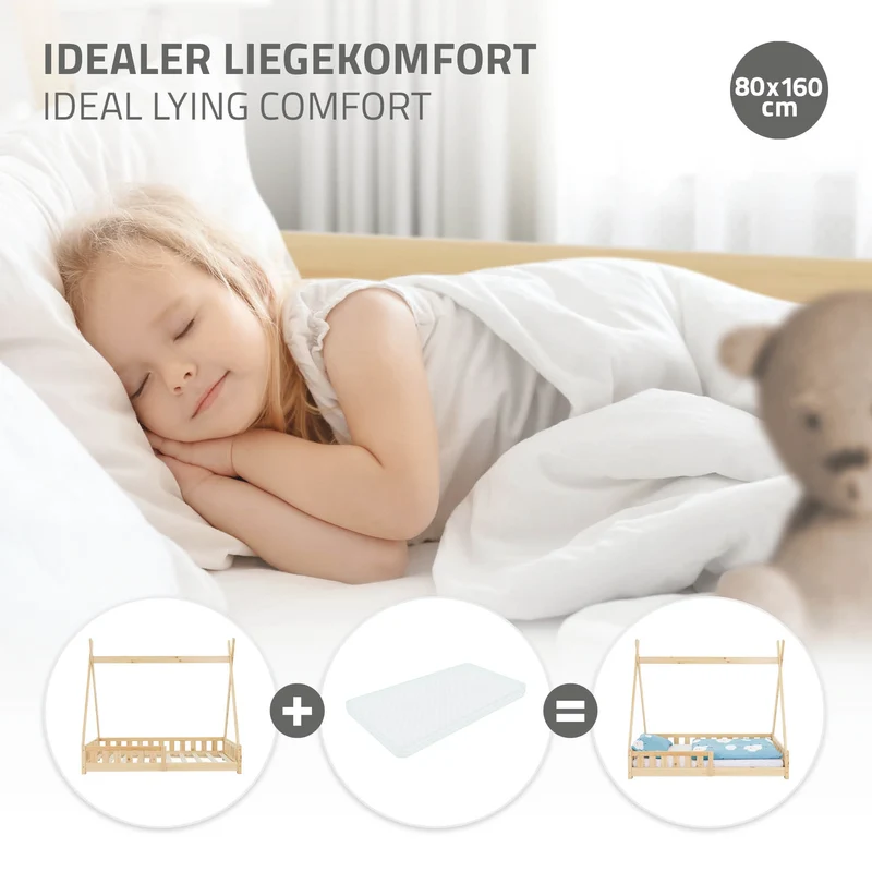 Kinderbett Tipi 80x160 cm aus Kiefernholz mit Rausfallschutz und Lattenrost Holzbett ML-Design