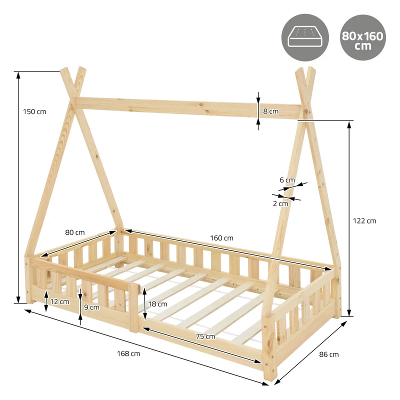 Kinderbett Tipi 80x160 cm aus Kiefernholz mit Rausfallschutz und Lattenrost Holzbett ML-Design