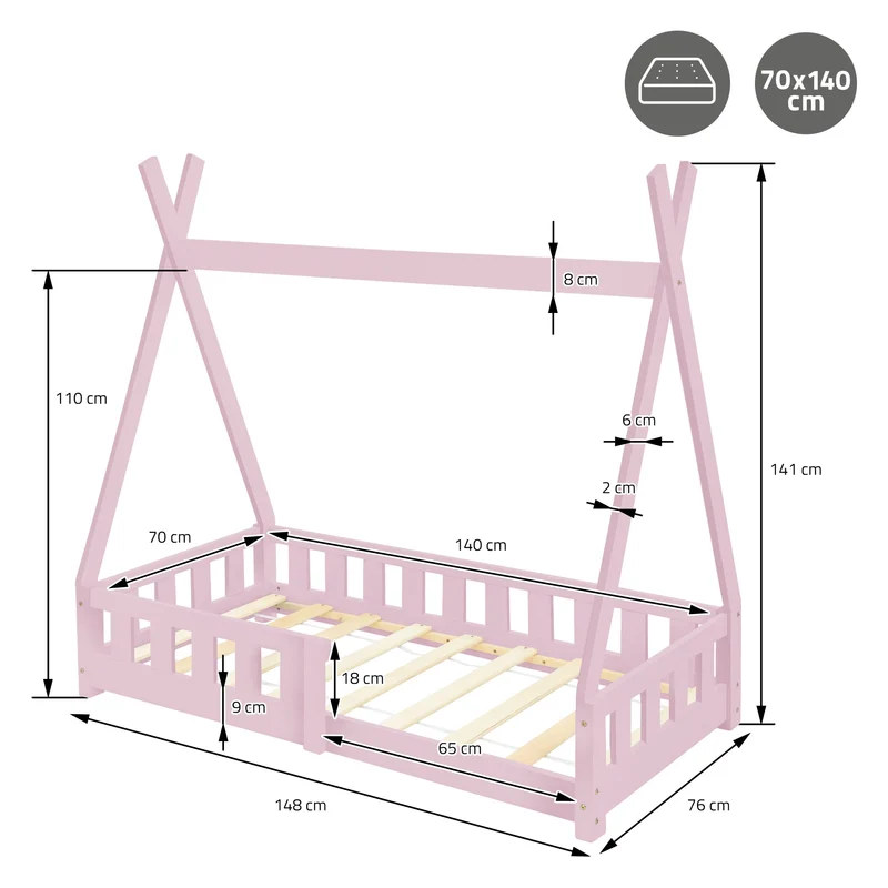 Kinderbett Tipi 70x140 cm Rosa aus Kiefernholz mit Rausfallschutz und Lattenrost Holzbett ML-Design