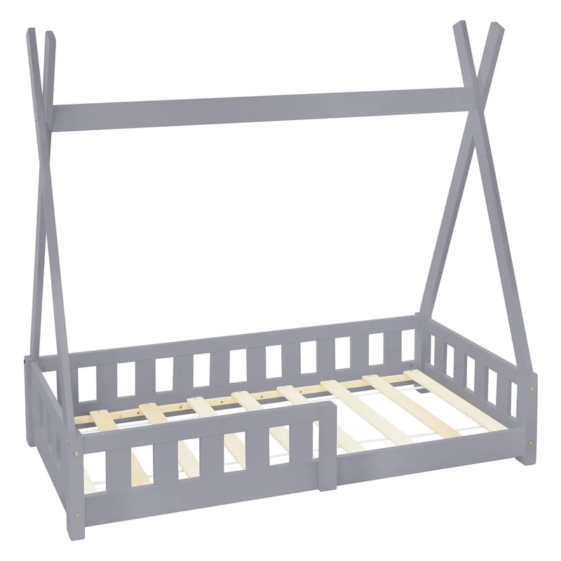 Kinderbett Tipi aus Kiefernholz mit Lattenrost, Rausfallschutz & Wahlweise Matratze ML-Design