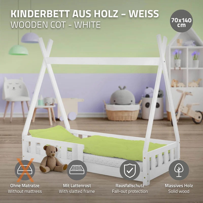 Kinderbett Tipi 70x140 cm Weiß aus Kiefernholz mit Rausfallschutz und Lattenrost Holzbett ML-Design