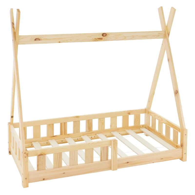 Kinderbett Tipi aus Kiefernholz mit Lattenrost, Rausfallschutz & Wahlweise Matratze ML-Design