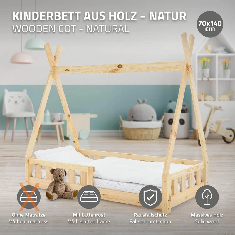 Kinderbett Tipi 70x140 cm aus Kiefernholz mit Rausfallschutz und Lattenrost Holzbett ML-Design