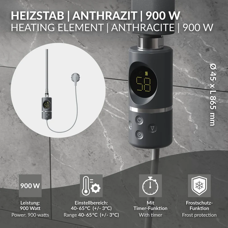 Heizstab 900W Anthrazit mit Thermostat und LCD Bildschirm LuxeBath