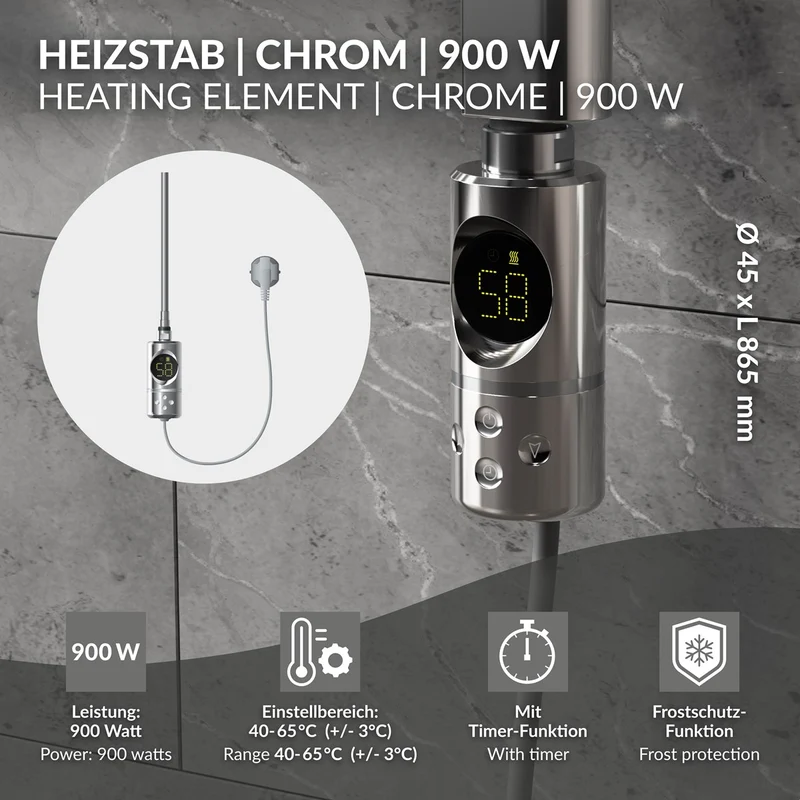 Heizstab 900W Chrome mit Thermostat und LCD Bildschirm LuxeBath