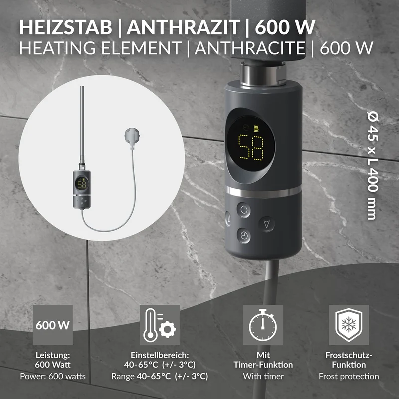 Heizstab 600W Anthrazit mit Thermostat und LCD Bildschirm LuxeBath