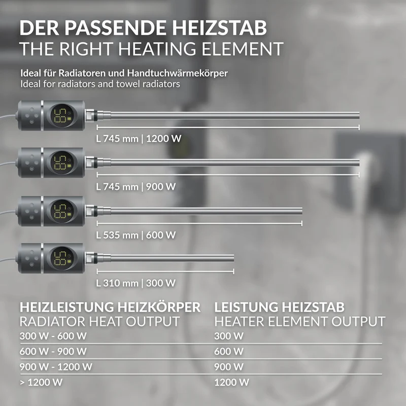 Heizstab 600W Anthrazit mit Thermostat und LCD Bildschirm LuxeBath