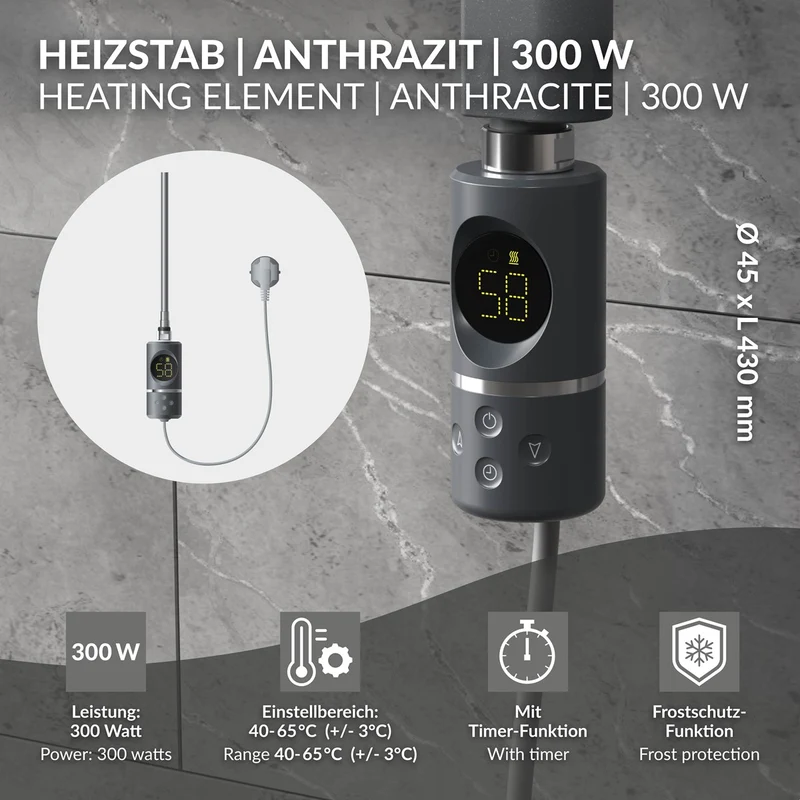 Heizstab 300W Anthrazit mit Thermostat und LCD Bildschirm LuxeBath