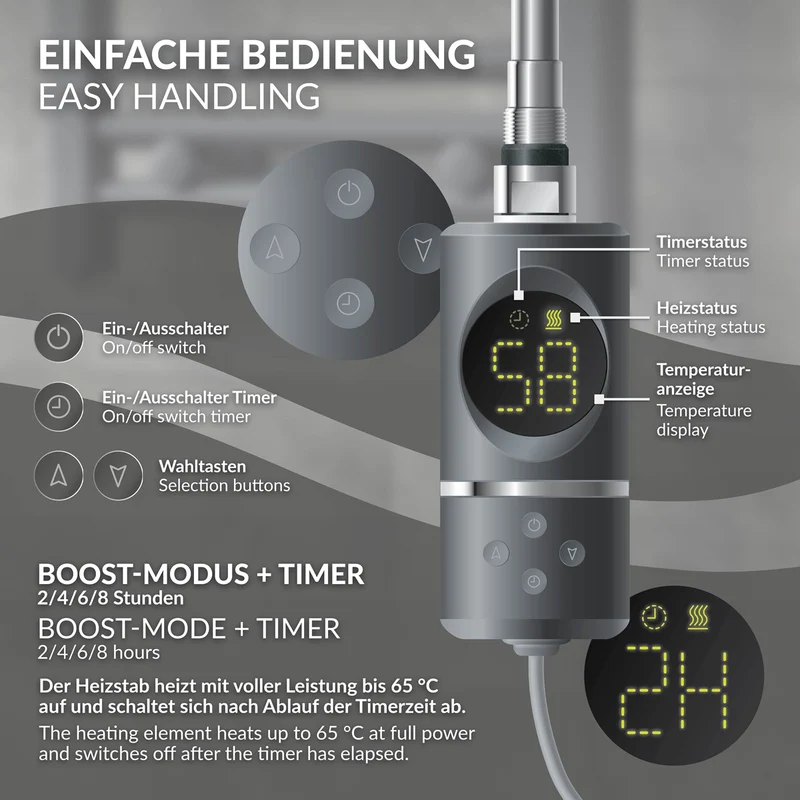 Heizstab 300W Anthrazit mit Thermostat und LCD Bildschirm LuxeBath
