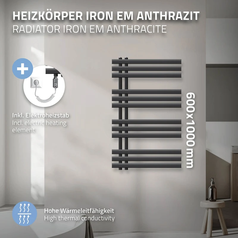 Badheizkörper Iron EM 600x1000 mm anthrazit mit Heizstab 600W