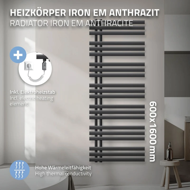 Badheizkörper Iron EM mit Heizstab 900W 600x1600 mm Anthrazit