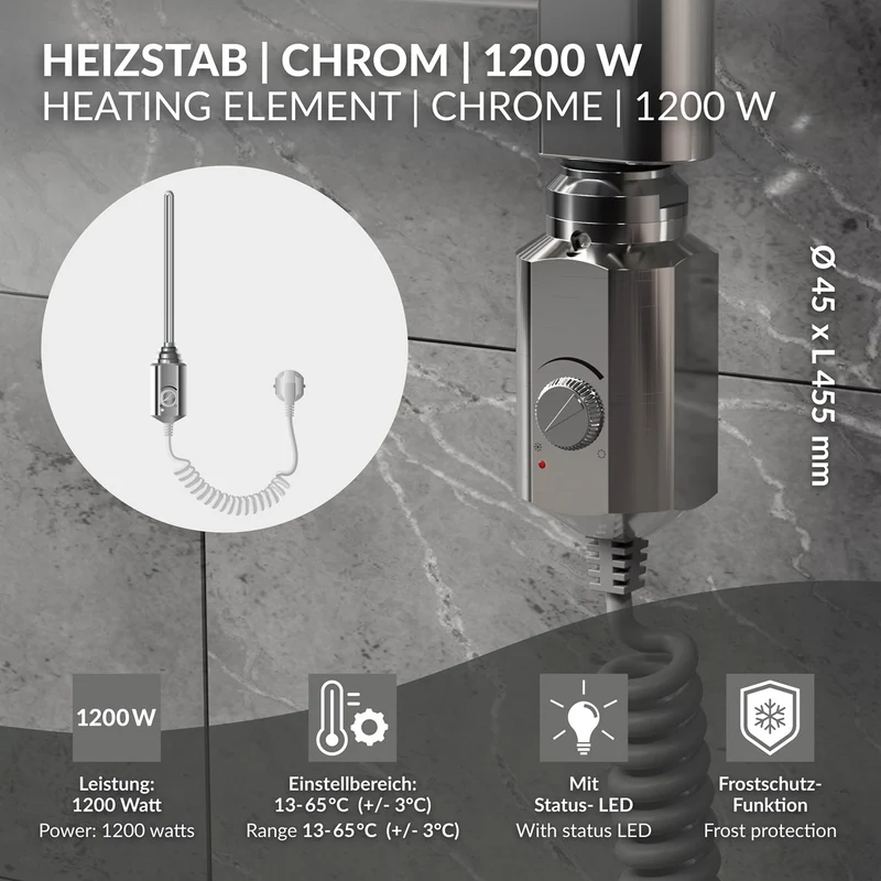Heizstab 1200W Chrome mit Thermostat für Badheizkörper LuxeBath