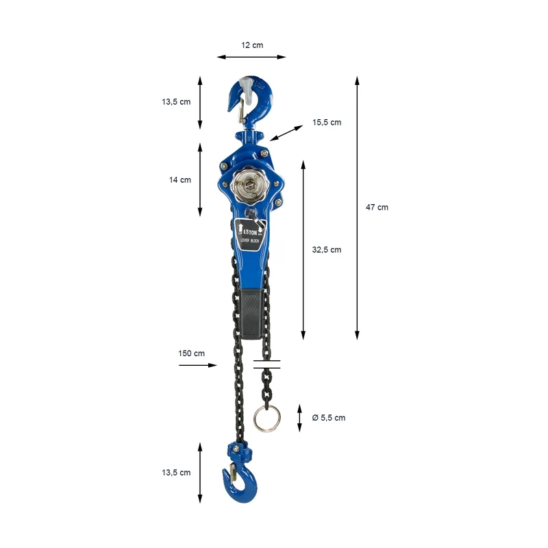 Flaschenzug mit Handhebel 750 kg, 1,5 m, aus Stahl, Gummierter Handgriff, inkl. Kette