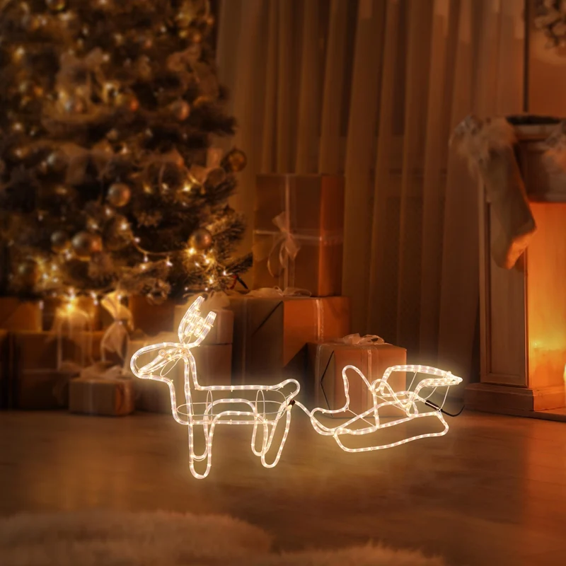 LED Deko Rentier mit Schlitten, warmweiß, 324 LEDs, aus PVC