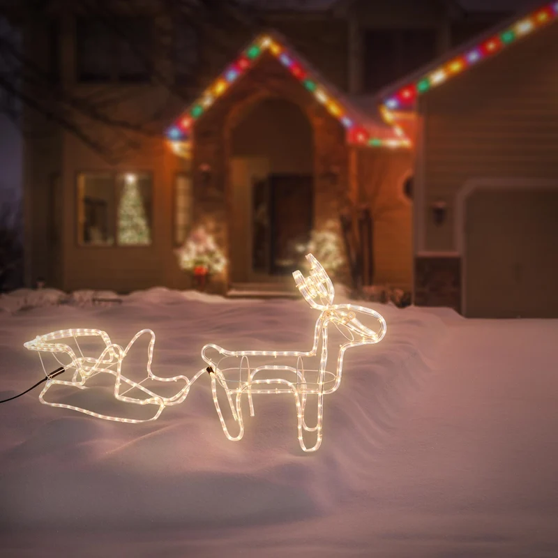 LED Deko Rentier mit Schlitten, warmweiß, 324 LEDs, aus PVC