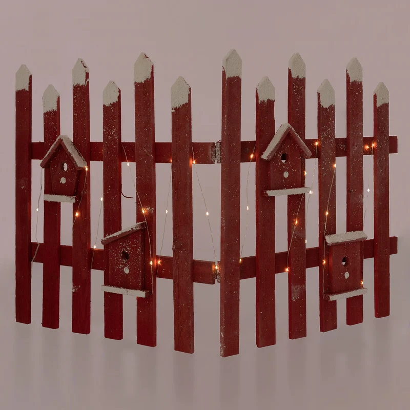 Deko Weihnachtszaun mit LED rot 98x57 cm aus Holz inkl. Vogelhäuschen