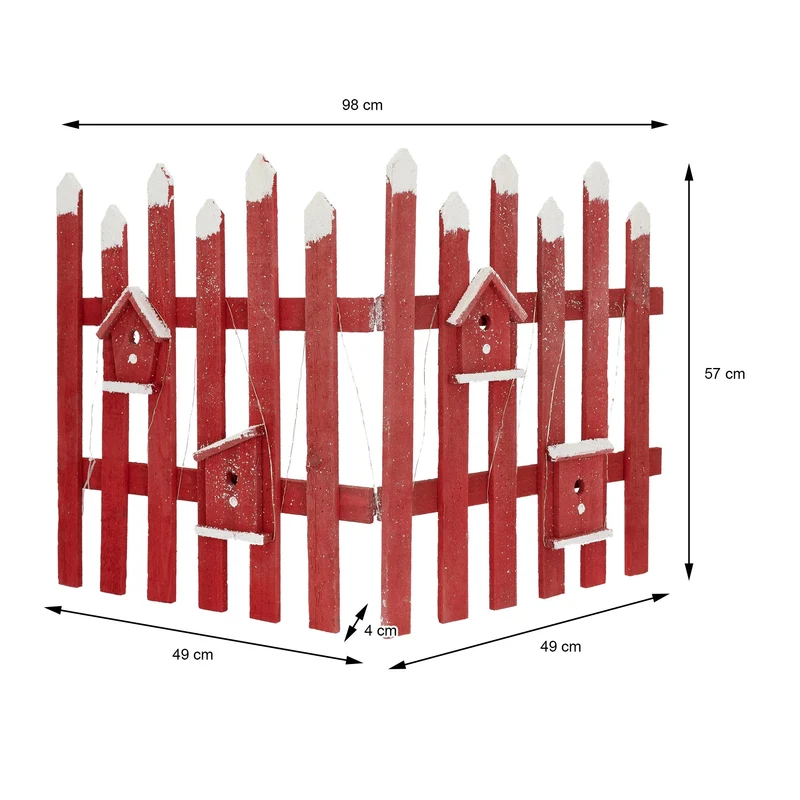 Deko Weihnachtszaun mit LED rot 98x57 cm aus Holz inkl. Vogelhäuschen