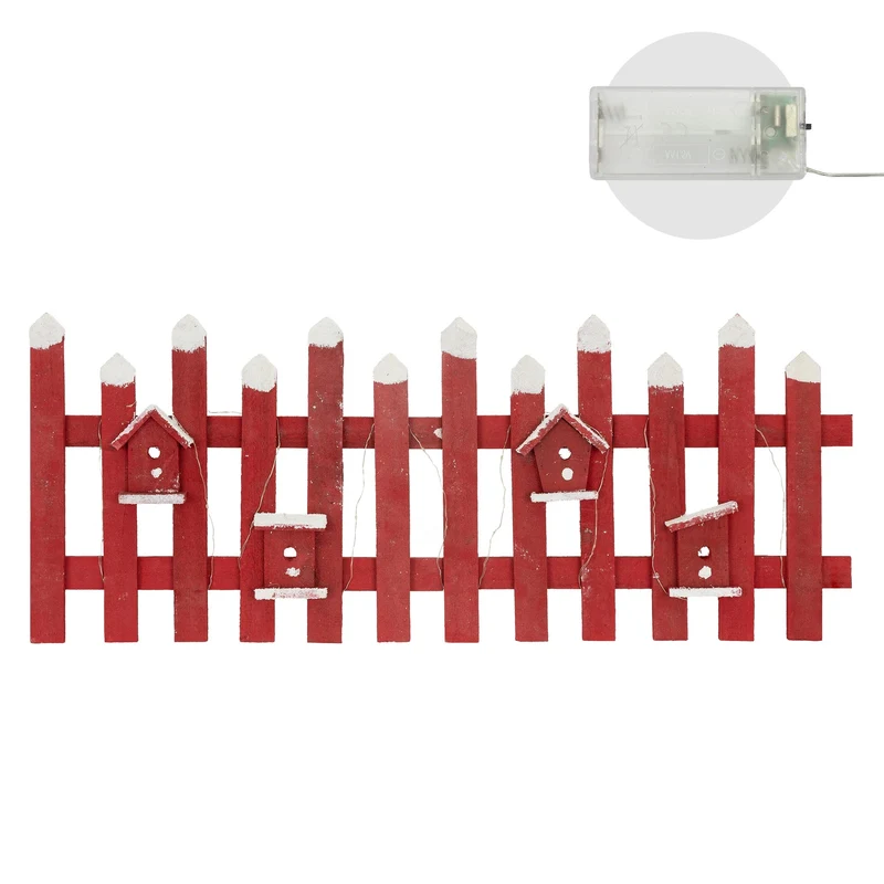 Deko Weihnachtszaun mit LED rot 98x39 cm aus Holz inkl. Vogelhäuschen