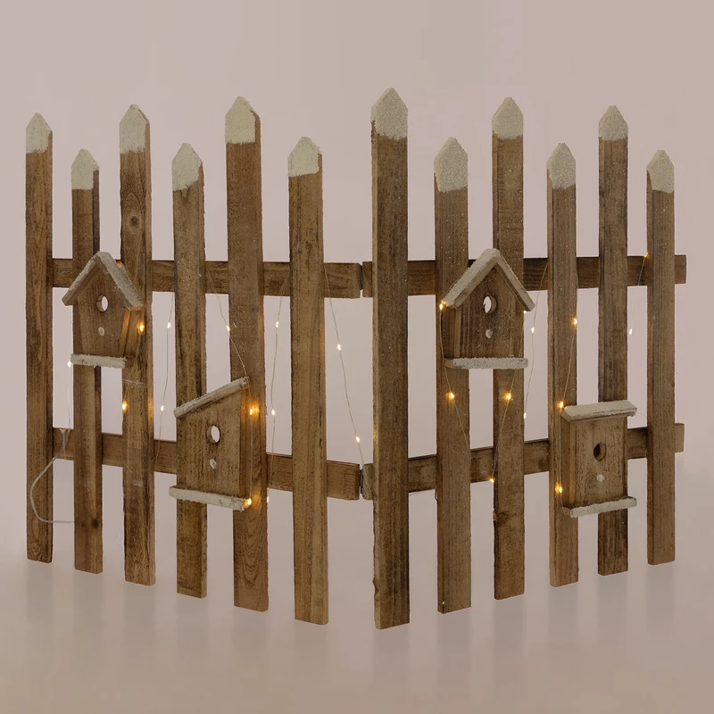 Deko Weihnachtszaun mit LED natur 98x57 cm aus Holz inkl. Vogelhäuschen
