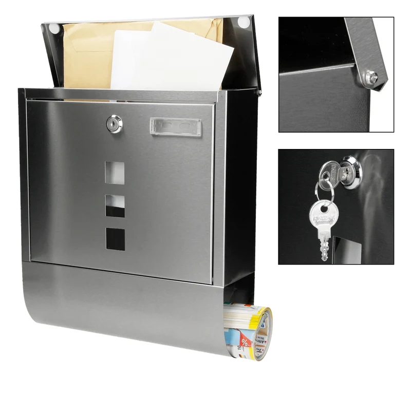 Briefkasten mit Zeitungsfach 30,5x10x34 cm Silber aus Edelstahl
