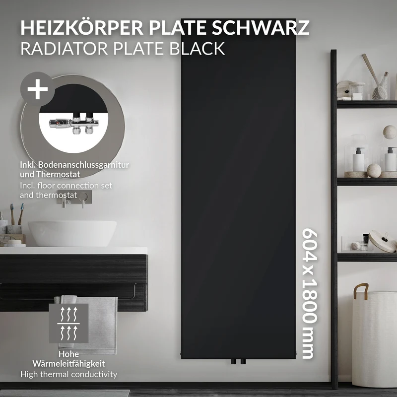Badheizkörper Einlagig 1800x604 mm Schwarz matt mit Mittelanschluss und Boden Anschlussgarnitur LuxeBath