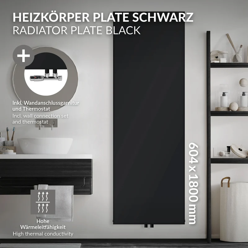 Badheizkörper Einlagig 1800x604 mm Schwarz matt mit Mittelanschluss und Wand Anschlussgarnitur LuxeBath