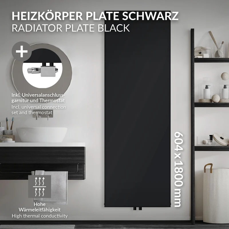Badheizkörper Einlagig 1800x604 mm Schwarz matt mit Mittelanschluss und Universale Anschlussgarnitur LuxeBath