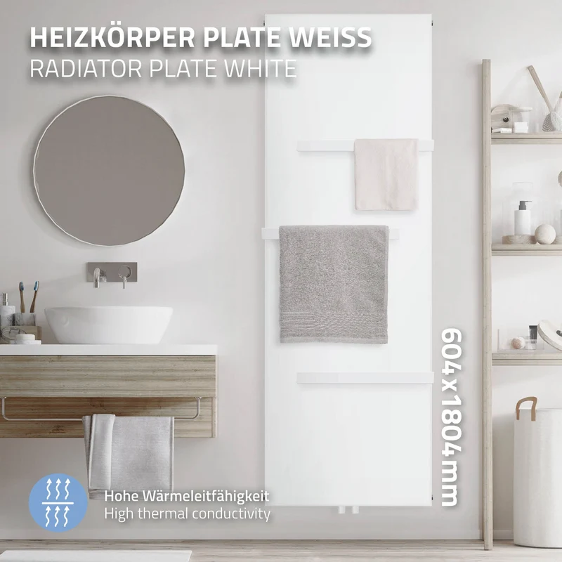 Badheizkörper Einlagig mit 3x Handtuchhalter 1800x604 mm Weiß mit Mittelanschluss LuxeBath