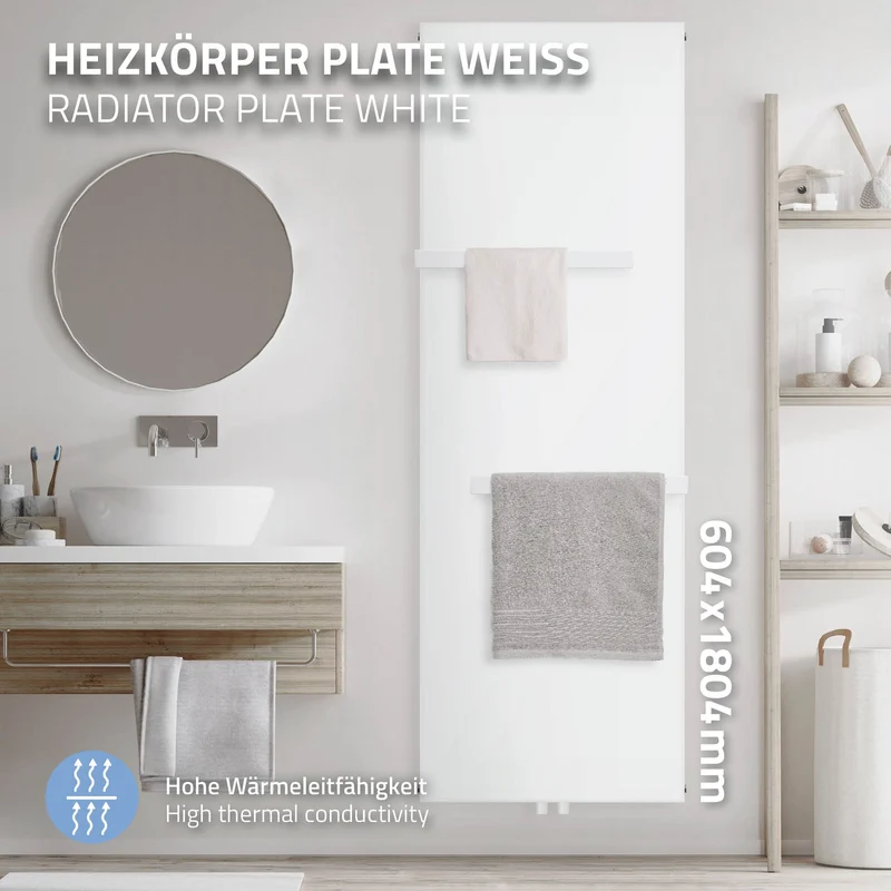 Badheizkörper Einlagig mit 2x Handtuchhalter 1800x604 mm Weiß mit Mittelanschluss LuxeBath