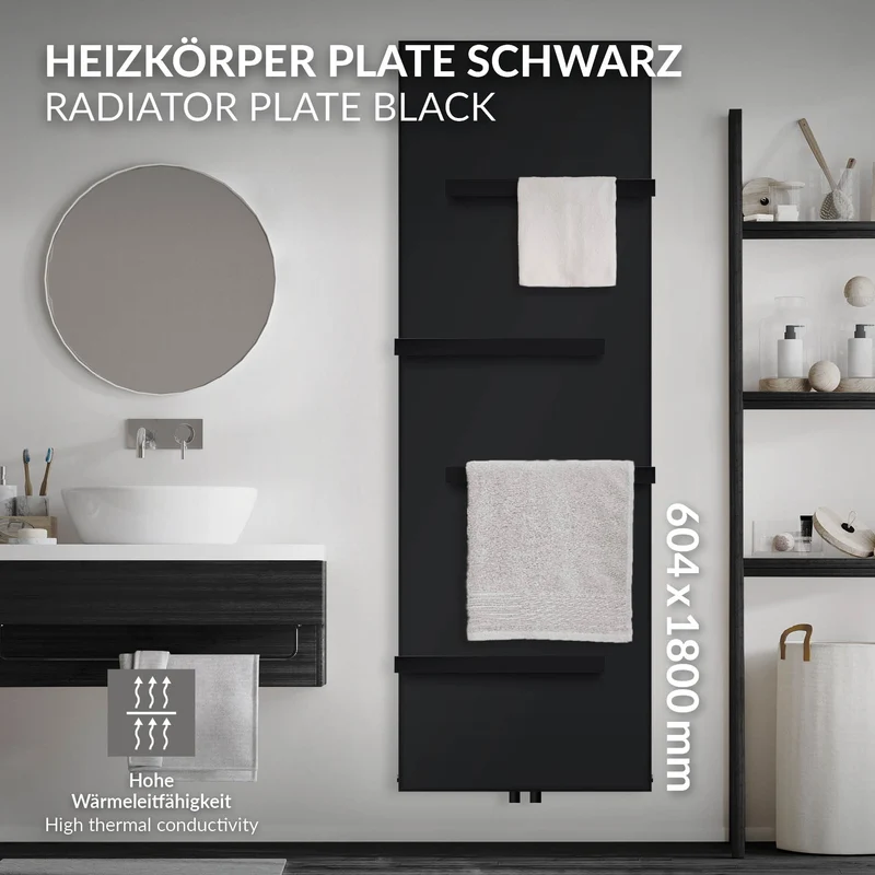 Badheizkörper flach Einlagig 1800x604 mm Schwarz matt mit Mittelanschluss inkl. 4x Handtuchhalter LuxeBath