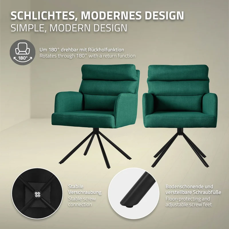 Esszimmerstuhl 2er Set Dunkelgrün drehbar mit abnehmbaren Rückenkissen gepolstert bis 120 Kilogramm ML-Design