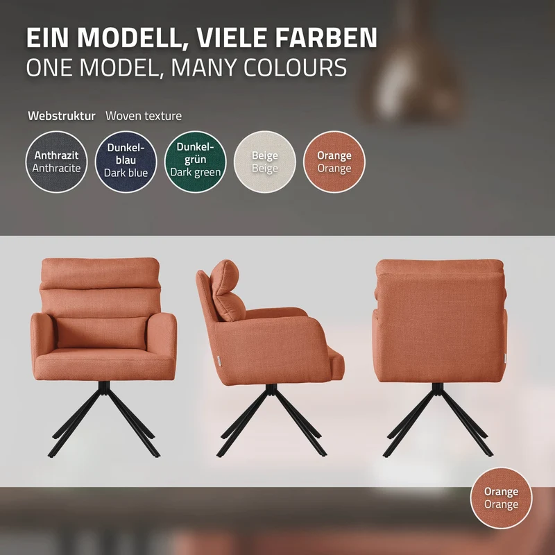 Esszimmerstuhl Orange drehbar mit abnehmbaren Rückenkissen gepolstert bis 120 Kilogramm ML-Design