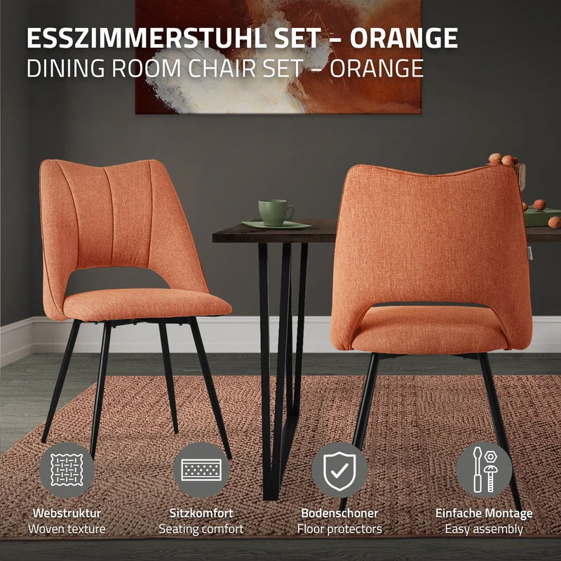 Esszimmerstuhl 2er Set Orange gepolstert inkl. Montagematerial Polsterstuhl Küchenstuhl ML-Design